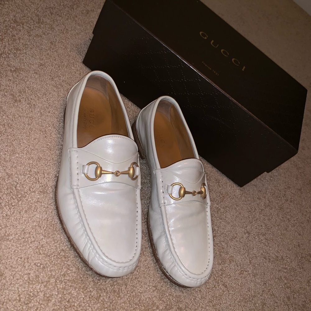 Gucci White Horsebit Loafers